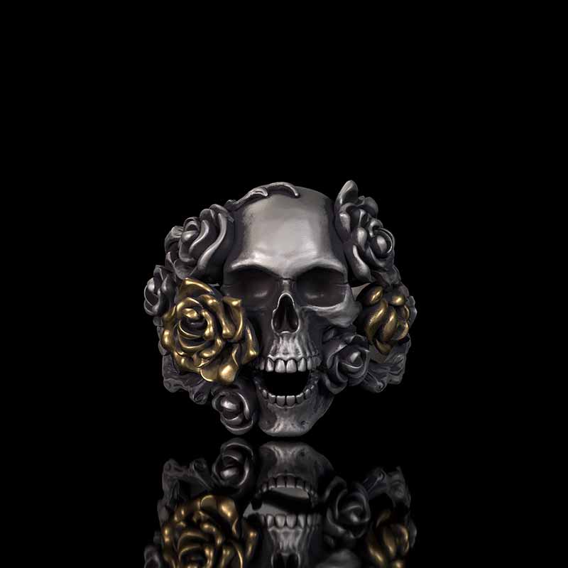 Gothic Vine Rose Skull Gem Sterling Silver Ring