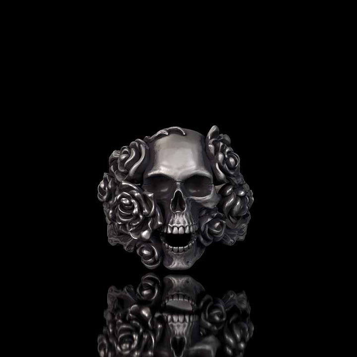 Gothic Vine Rose Skull Gem Sterling Silver Ring