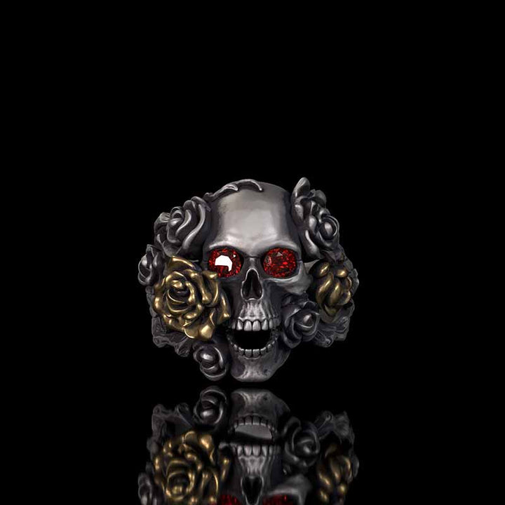 Gothic Vine Rose Skull Gem Sterling Silver Ring
