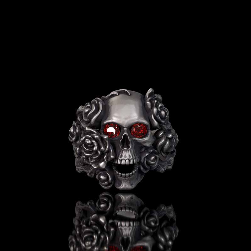 Gothic Vine Rose Skull Gem Sterling Silver Ring