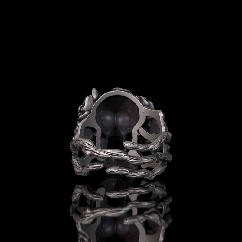 Gothic Vine Rose Skull Gem Sterling Silver Ring