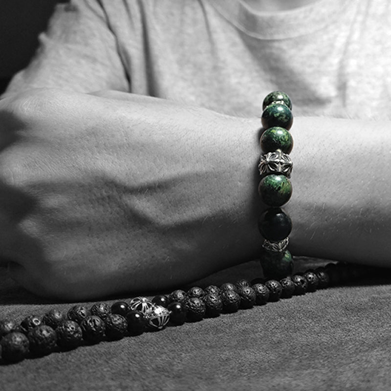 Green Stone 925 Sterling Silver Men's Bracelet 02 | RoyalLuster.com