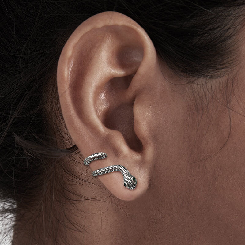Green Eye Snake 925 Sterling Silver Animal Ear Cuffs
