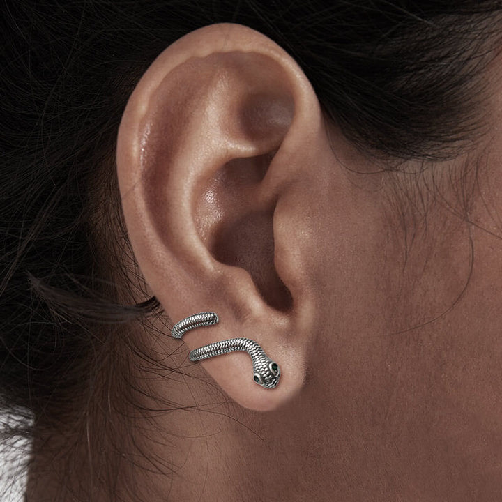 Green Eye Snake 925 Sterling Silver Animal Ear Cuffs