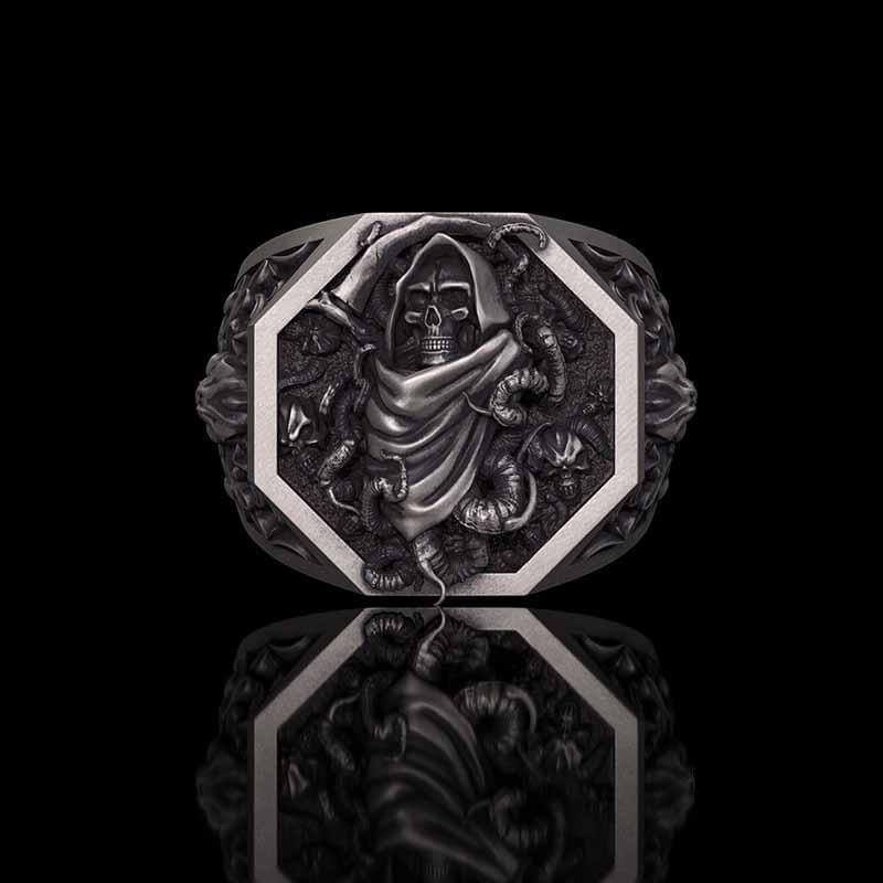 Grim Reaper Scythe Skull Tentacle Sterling Silver Ring 01 | RoyalLuster.com