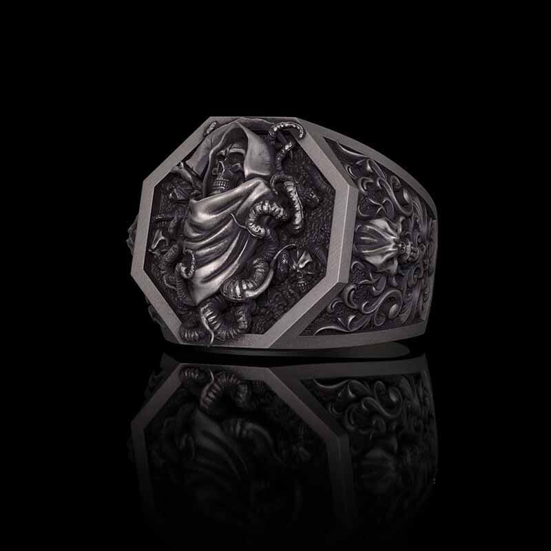 Grim Reaper Scythe Skull Tentacle Sterling Silver Ring 02 | RoyalLuster.com