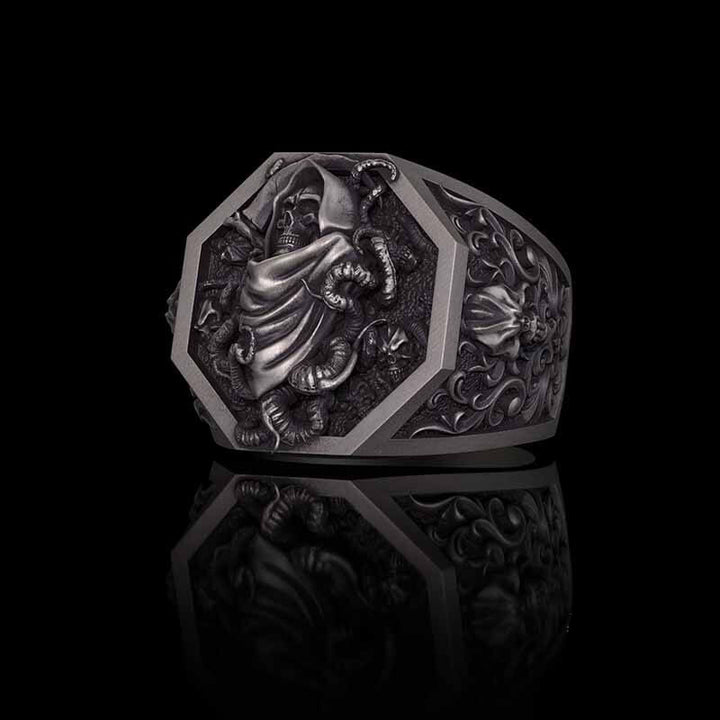 Grim Reaper Scythe Skull Tentacle Sterling Silver Ring 02 | RoyalLuster.com