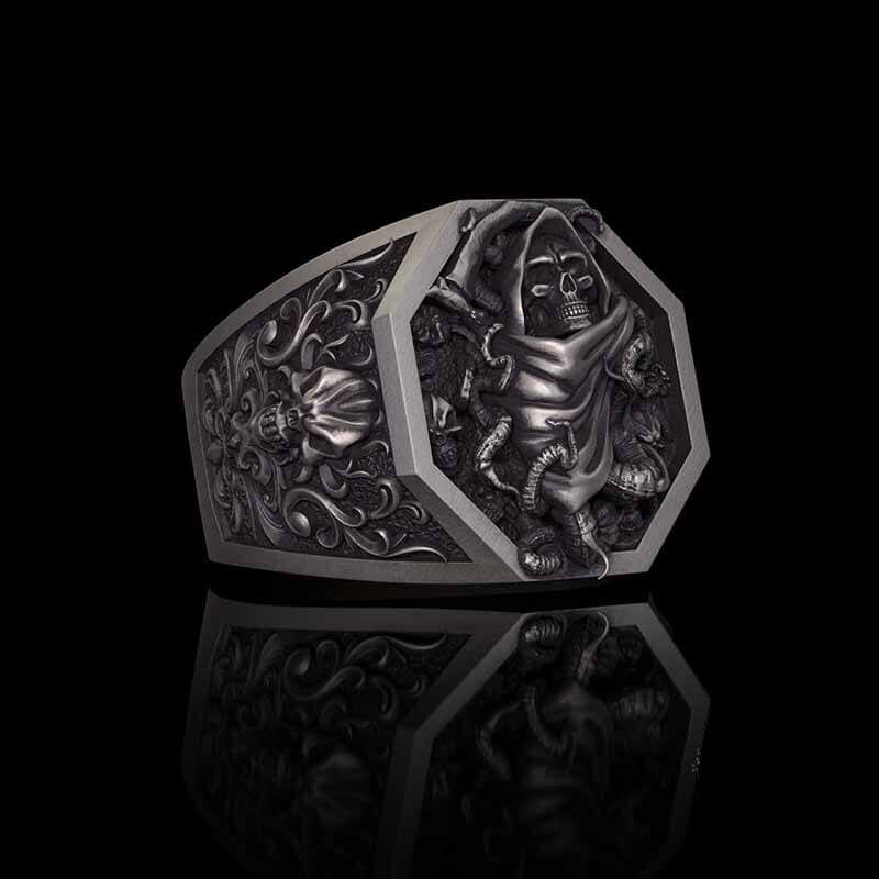 Grim Reaper Scythe Skull Tentacle Sterling Silver Ring 03 | RoyalLuster.com