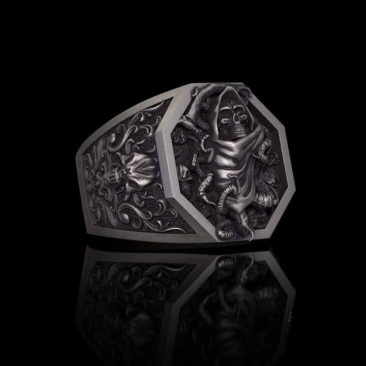Grim Reaper Scythe Skull Tentacle Sterling Silver Ring 03 | RoyalLuster.com