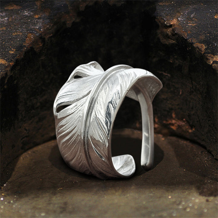 Hand Polished Feather 925 Sterling Silver Adjustable Ring 03 | RoyalLuster.com