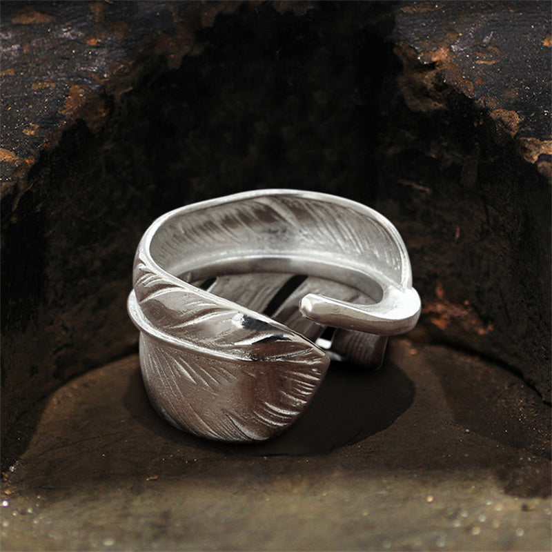 Hand Polished Feather 925 Sterling Silver Adjustable Ring