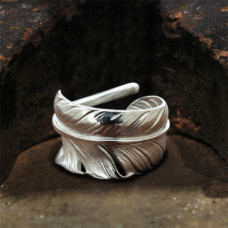 Hand Polished Feather 925 Sterling Silver Adjustable Ring