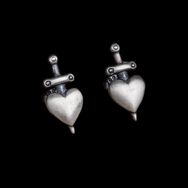 Heart-Piercing Sword 925 Sterling Silver Stud Earrings