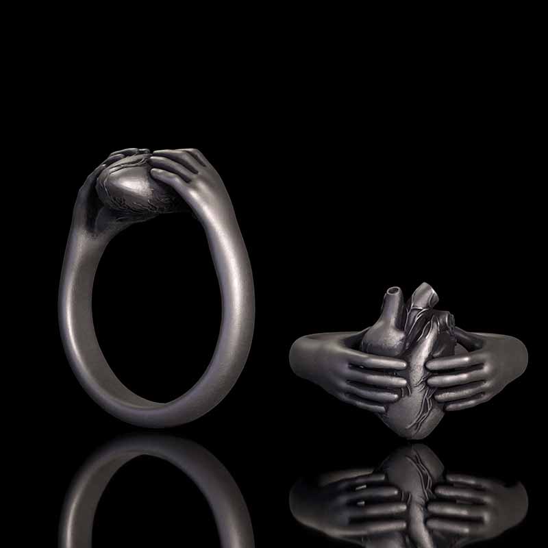 Horror Hands Holding A Heart Sterling Silver Ring 01 | RoyalLuster.com