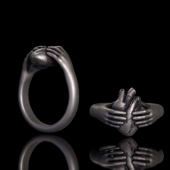 Horror Hands Holding A Heart Sterling Silver Ring 01 | RoyalLuster.com