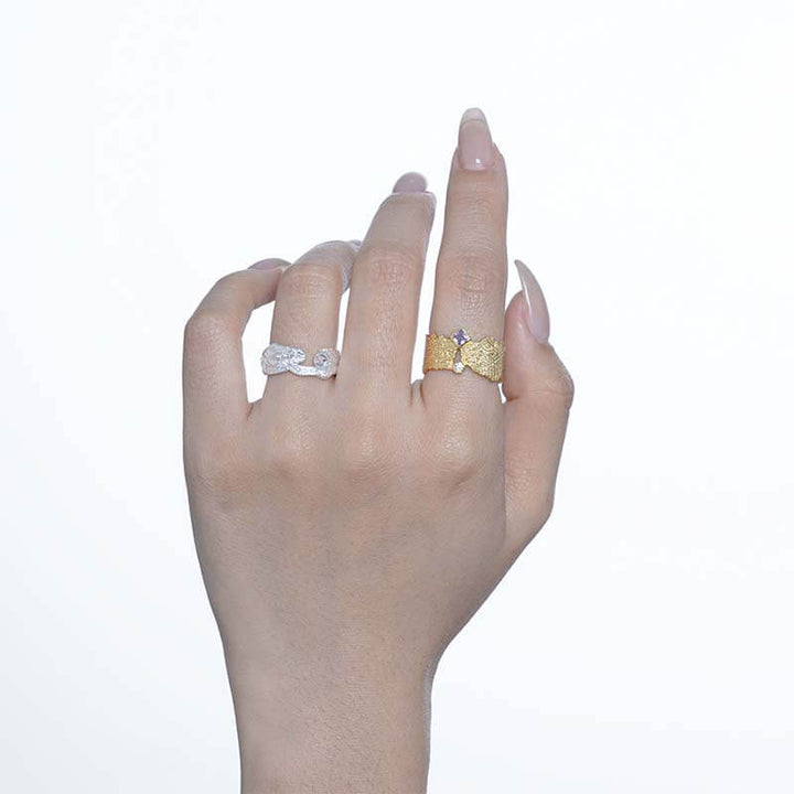 Irregular Textured Zirconia 925 Sterling Silver Open Ring 02 | RoyalLuster.com
