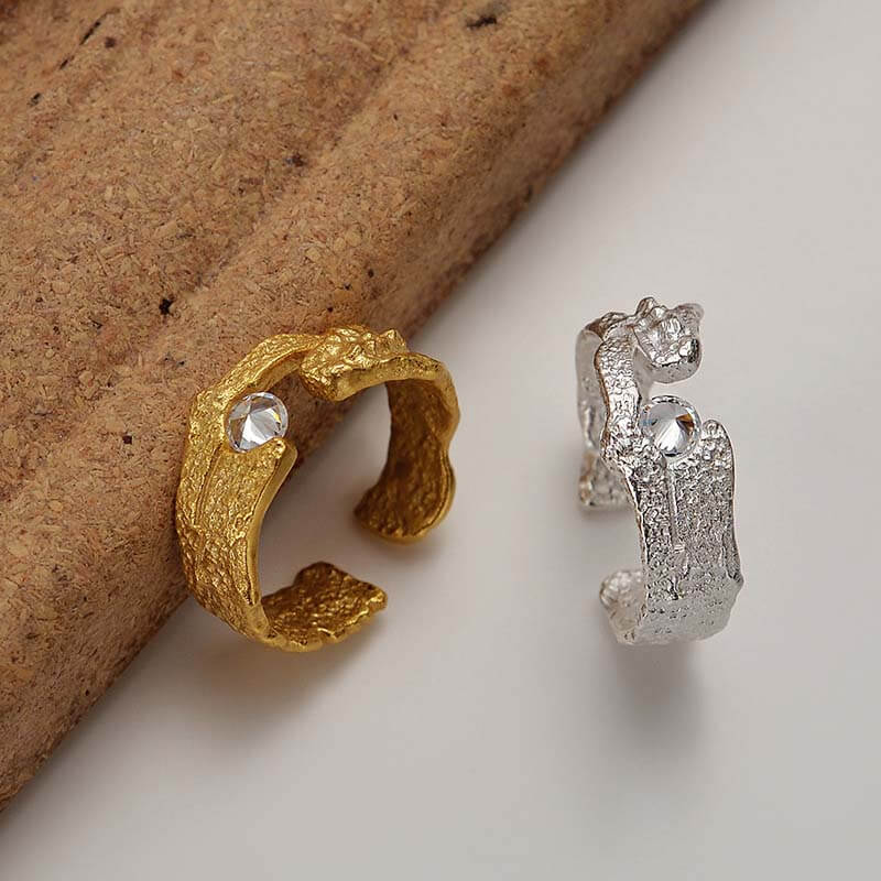 Irregular Textured Zirconia 925 Sterling Silver Open Ring