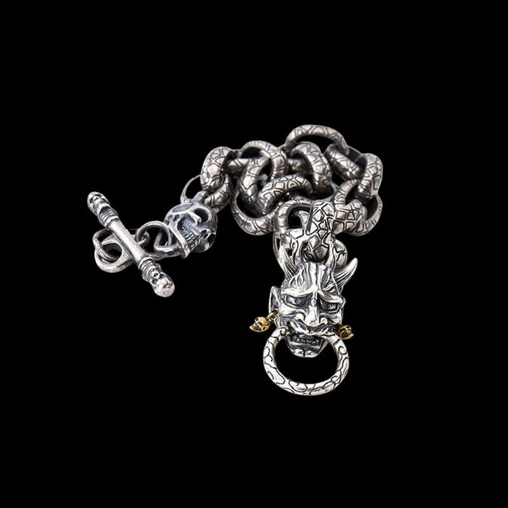 Japanese Demon Oni Skull 925 Sterling Silver Bracelet