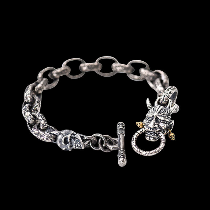 Japanese Demon Oni Skull 925 Sterling Silver Bracelet