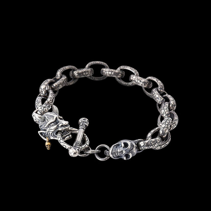 Japanese Demon Oni Skull 925 Sterling Silver Bracelet