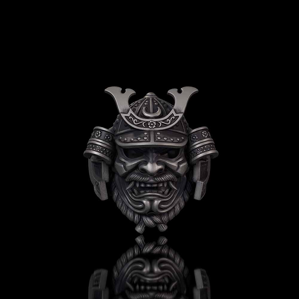Japanese Mask Samurai Helmet Sterling Silver Ring | RoyalLuster.com