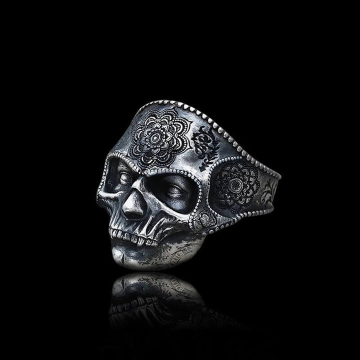 Mandala Flower Copper 925 Sterling Silver Skull Ring