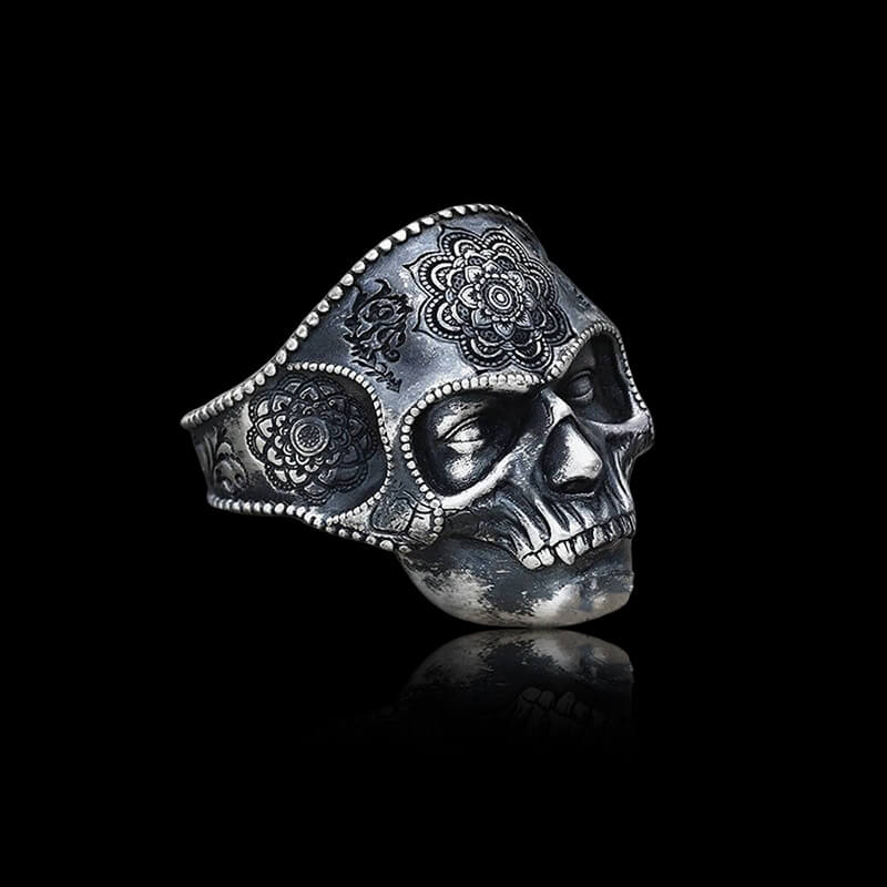 Mandala Flower Copper 925 Sterling Silver Skull Ring