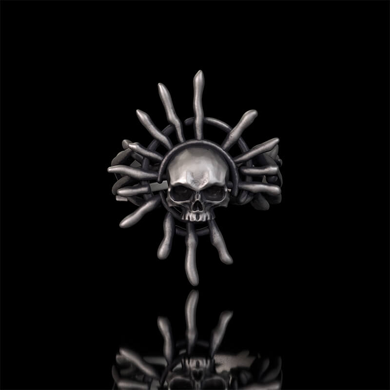 Monster Skull Sun God Sterling Silver Thorns Gothic Ring | RoyalLuster.com