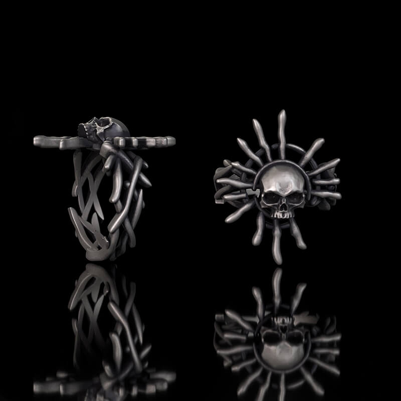 Monster Skull Sun God Sterling Silver Thorns Gothic Ring | RoyalLuster.com