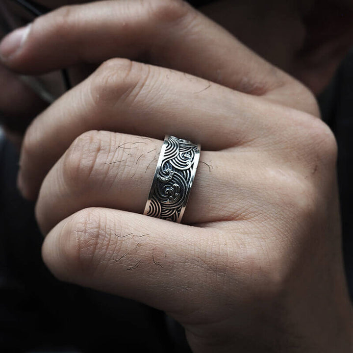 Ocean Wave Pattern 925 Sterling Silver Band Ring 02 | RoyalLuster.com