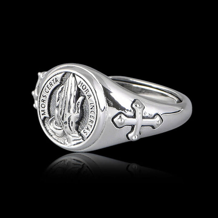 Praying Hands Cross 925 Sterling Silver Open Ring 01 | RoyalLuster.com