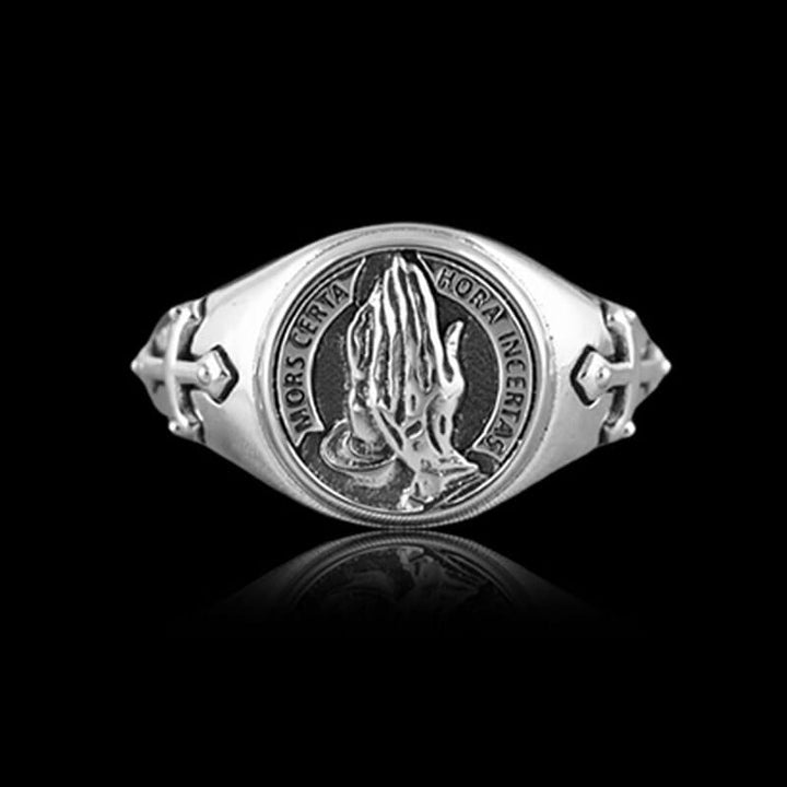 Praying Hands Cross 925 Sterling Silver Open Ring 03 | RoyalLuster.com