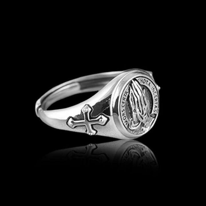 Praying Hands Cross 925 Sterling Silver Open Ring 04 | RoyalLuster.com