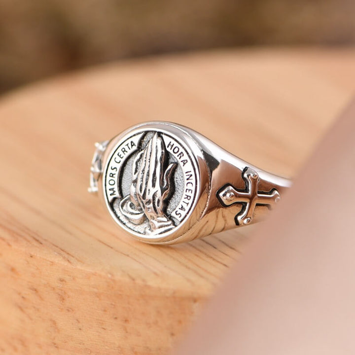Praying Hands Cross 925 Sterling Silver Open Ring