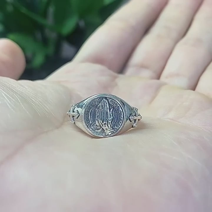 Praying Hands Cross 925 Sterling Silver Open Ring