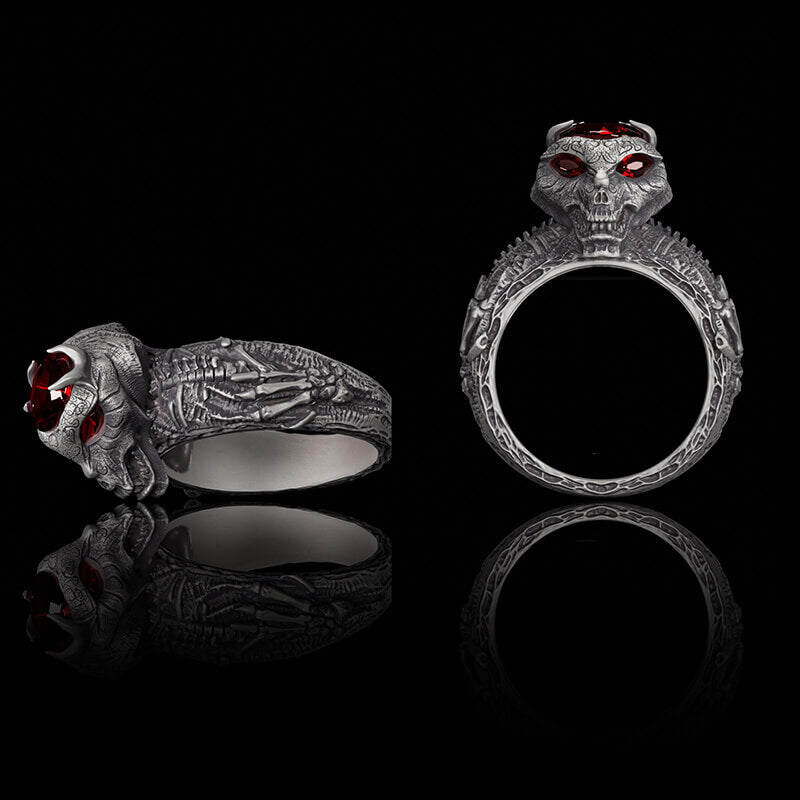 Red Eyed Demon Skull Sterling Silver Ring | RoyalLuster.com