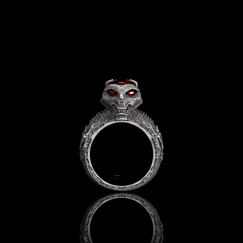 Red Eyed Demon Skull Sterling Silver Ring | RoyalLuster.com