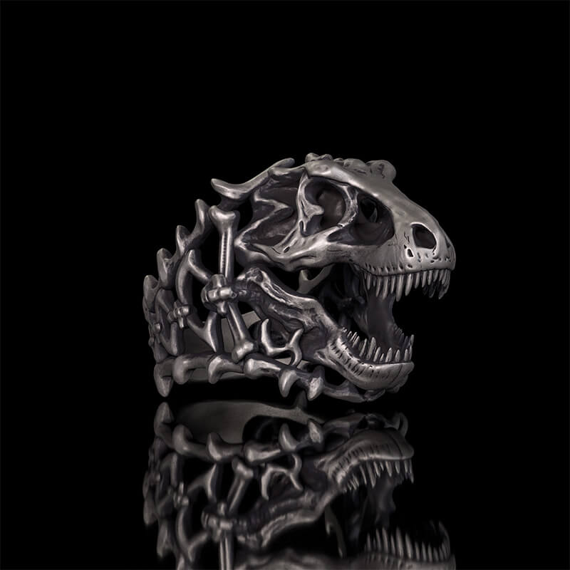 Roaring Tyrannosaurus Rex Skull Sterling Silver Ring | RoyalLuster.com