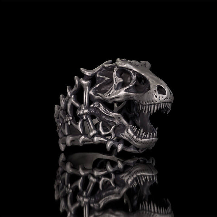 Roaring Tyrannosaurus Rex Skull Sterling Silver Ring | RoyalLuster.com