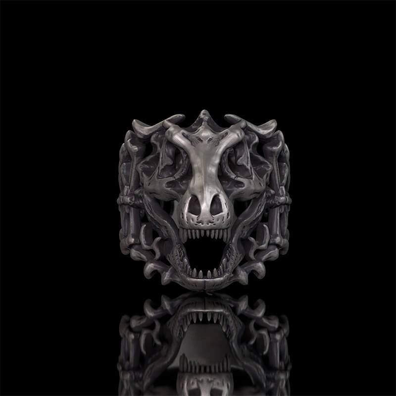 Roaring Tyrannosaurus Rex Skull Sterling Silver Ring | RoyalLuster.com