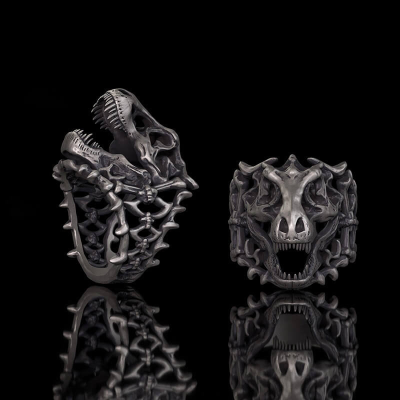 Roaring Tyrannosaurus Rex Skull Sterling Silver Ring | RoyalLuster.com