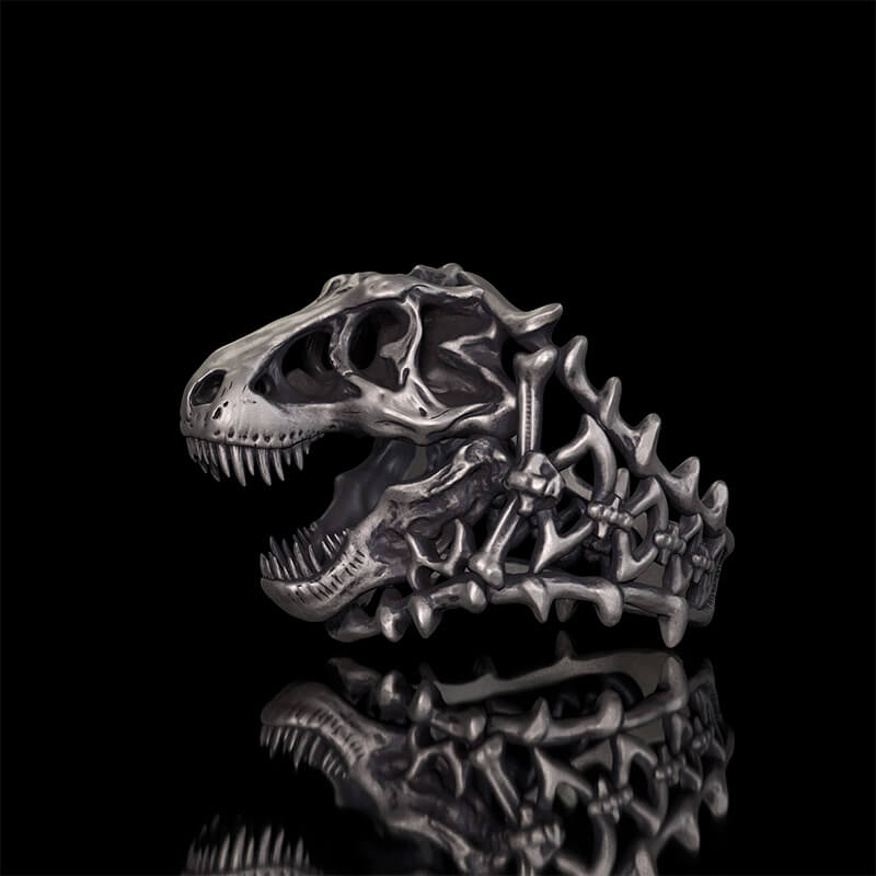 Roaring Tyrannosaurus Rex Skull Sterling Silver Ring | RoyalLuster.com
