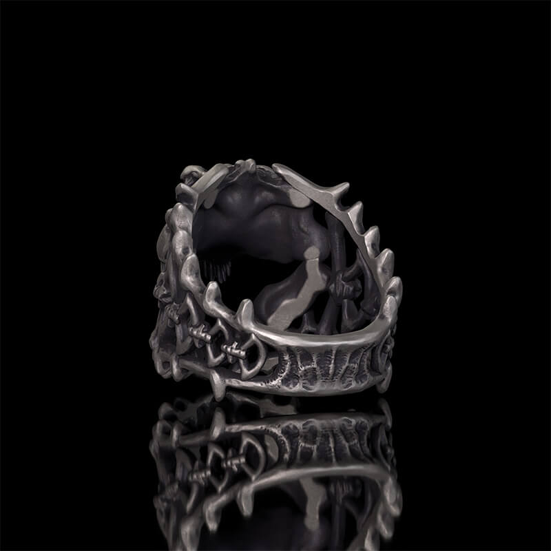 Roaring Tyrannosaurus Rex Skull Sterling Silver Ring