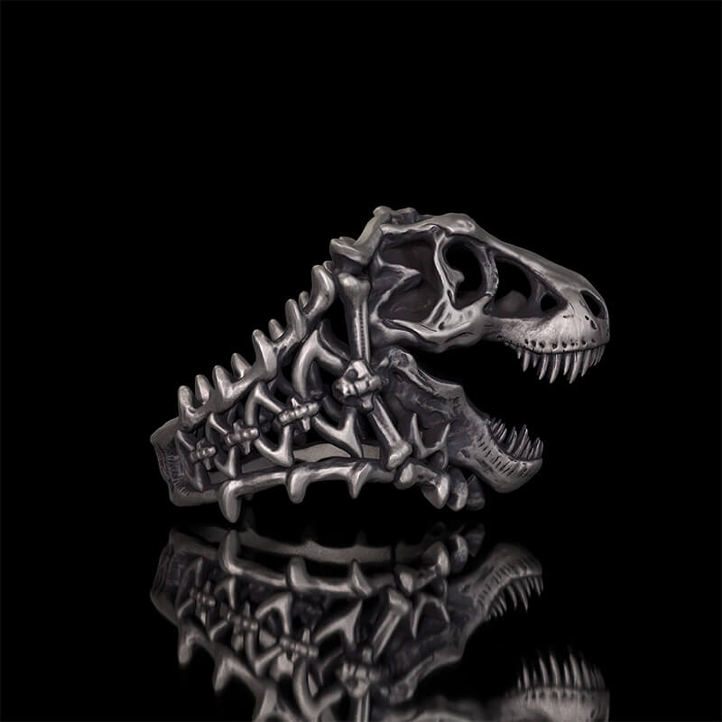 Roaring Tyrannosaurus Rex Skull Sterling Silver Ring