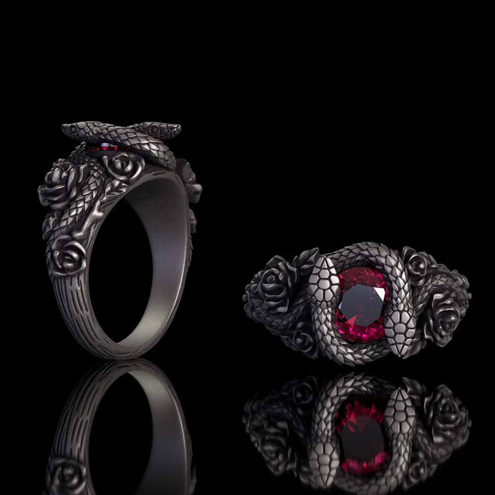 Rose Double Snake Entwined Gem Sterling Silver Ring | RoyalLuster.com