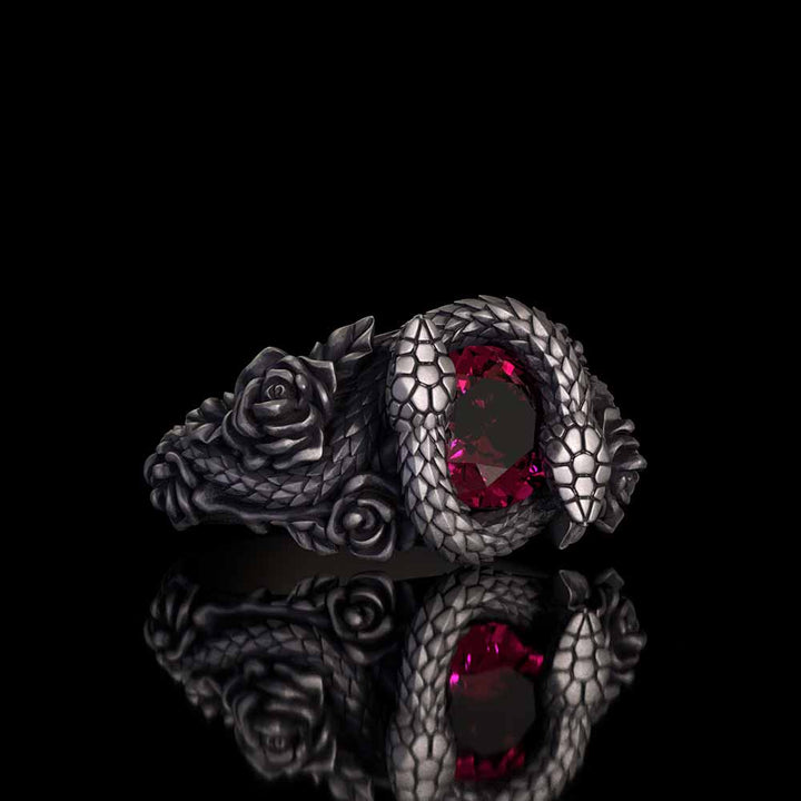 Rose Double Snake Entwined Gem Sterling Silver Ring | RoyalLuster.com
