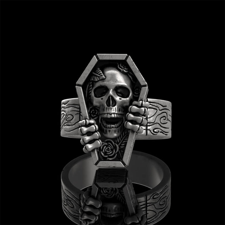 Rose Skull Coffin 925 Sterling Silver Ring