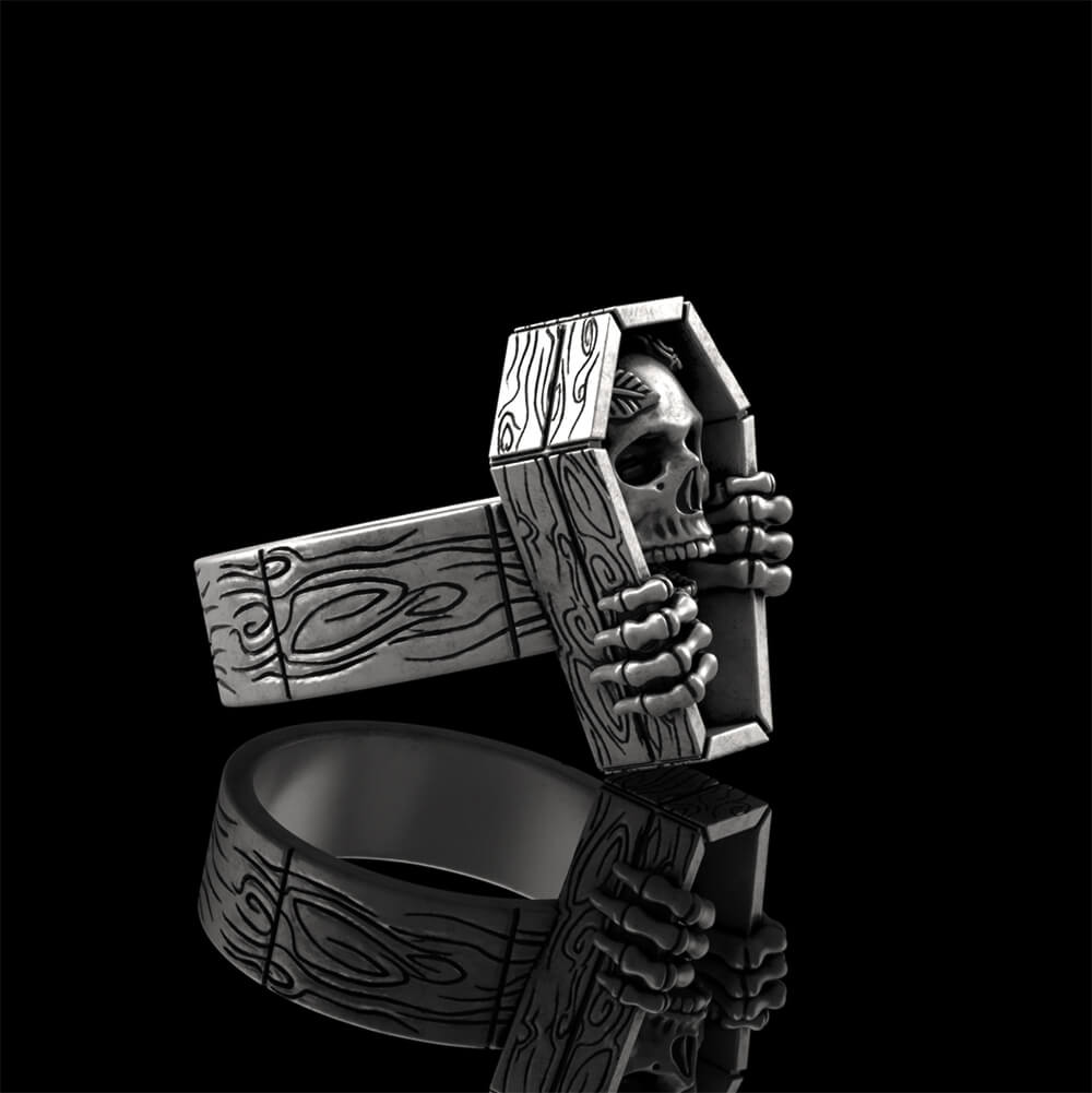 Rose Skull Coffin 925 Sterling Silver Ring