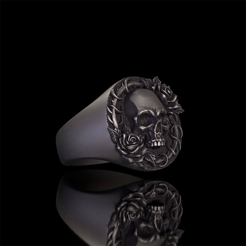 Rose Skull Sterling Silver Gothic Ring | RoyalLuster.com