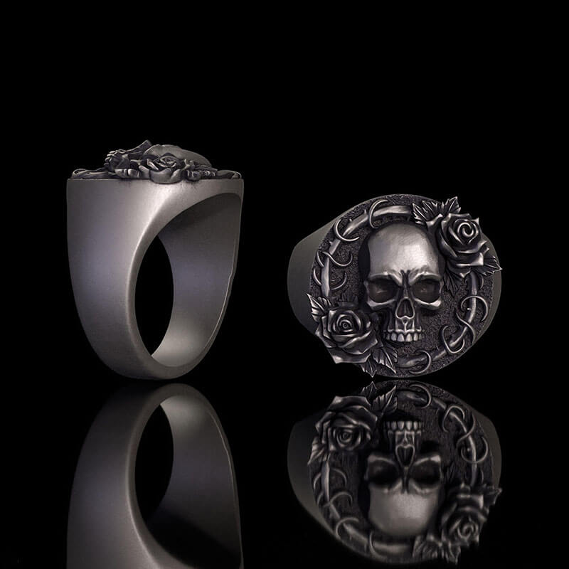 Rose Skull Sterling Silver Gothic Ring | RoyalLuster.com